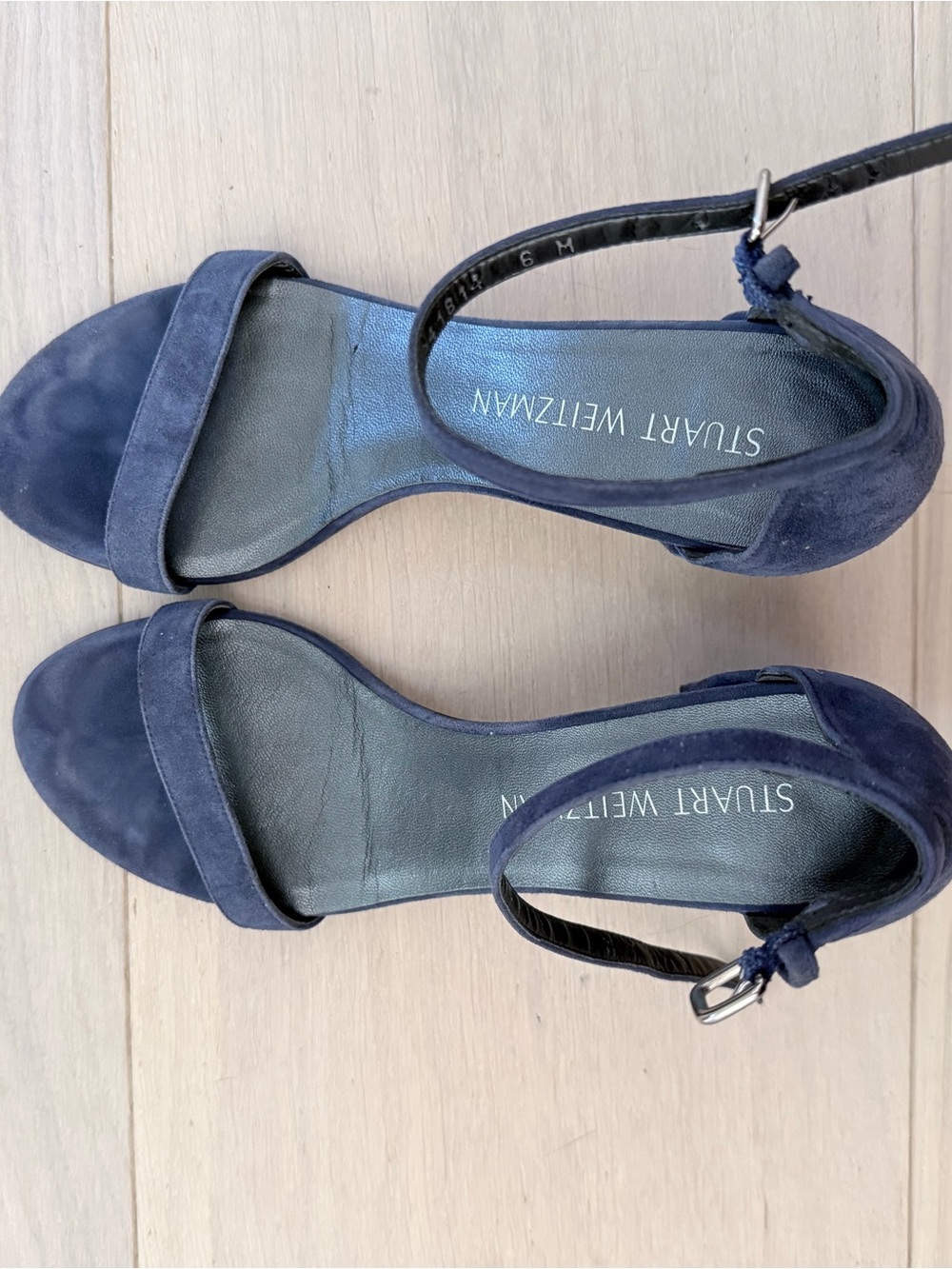 Stuart Weitzman Navy Suede Open-Toe Ankle-Strap Heels